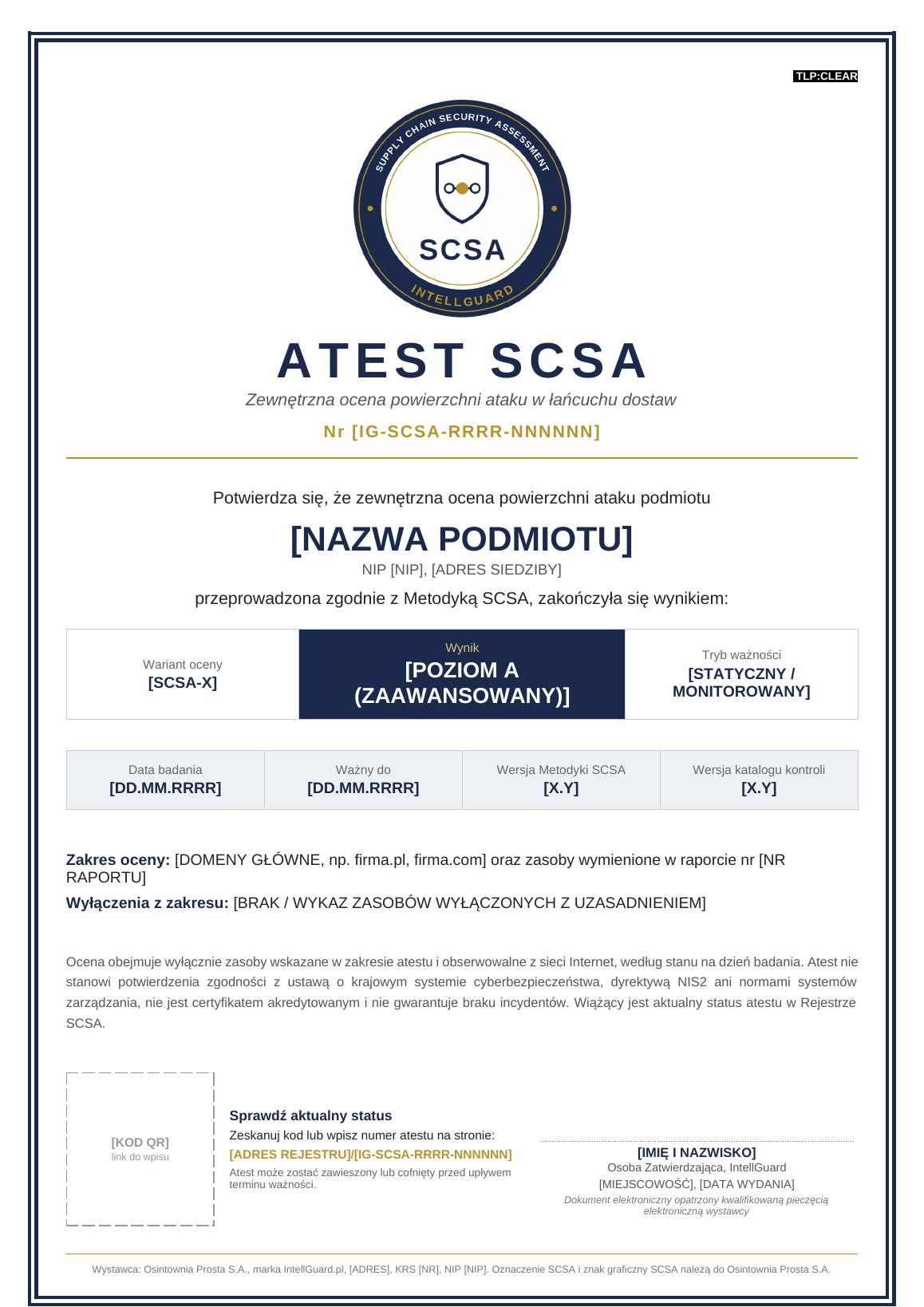 Wzór projektu atestu SCSA, wersja 0.9, z polami na podmiot, zakres, wynik i ważność.